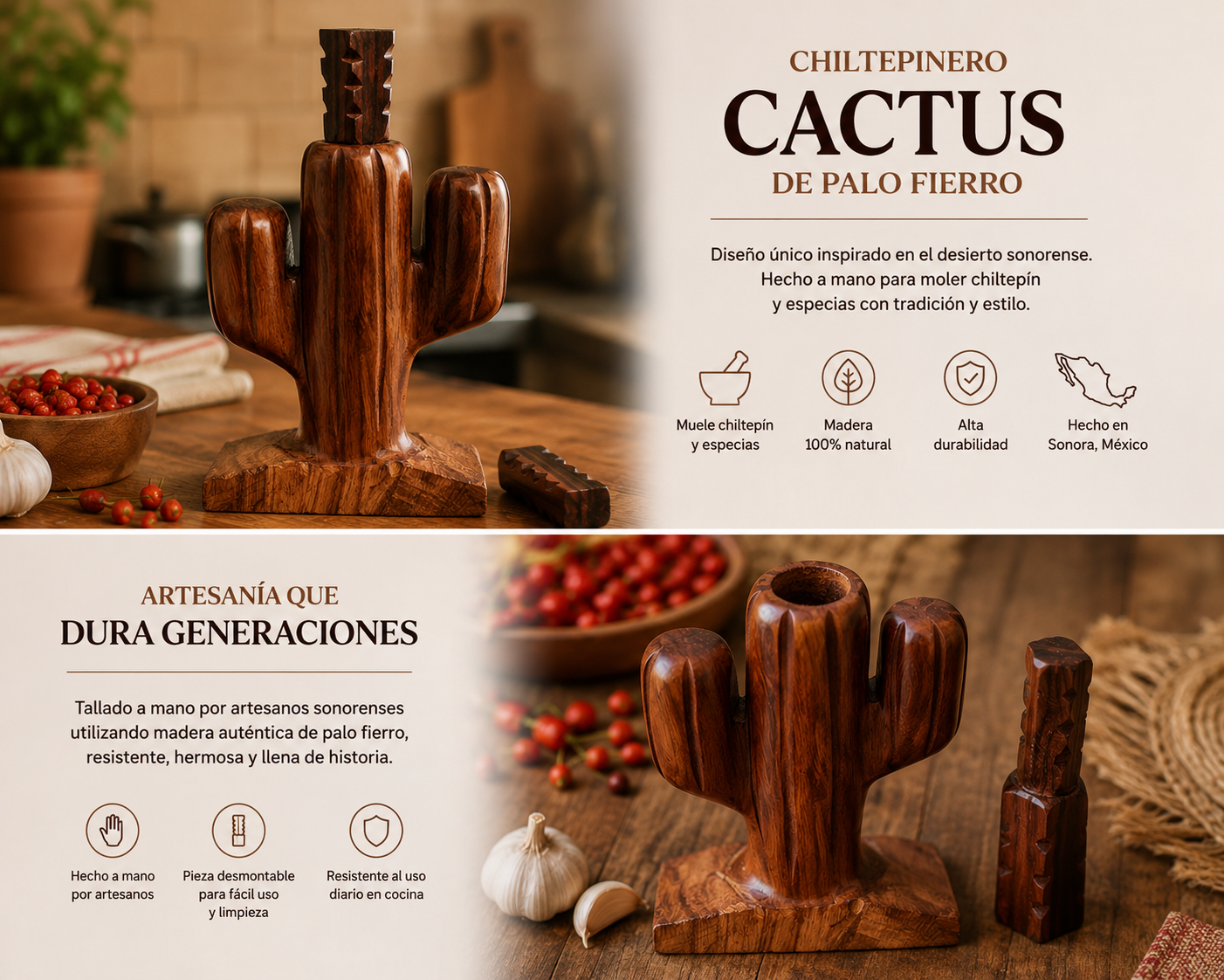 Chiltepinero de madera de palo fierro. Figura Sahuaro - Cactus - Image 4